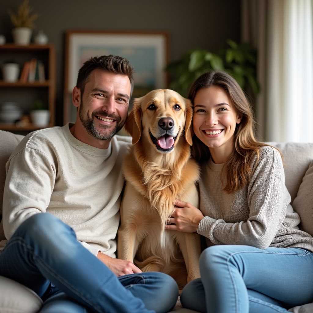 Happy family with their golden retriever
