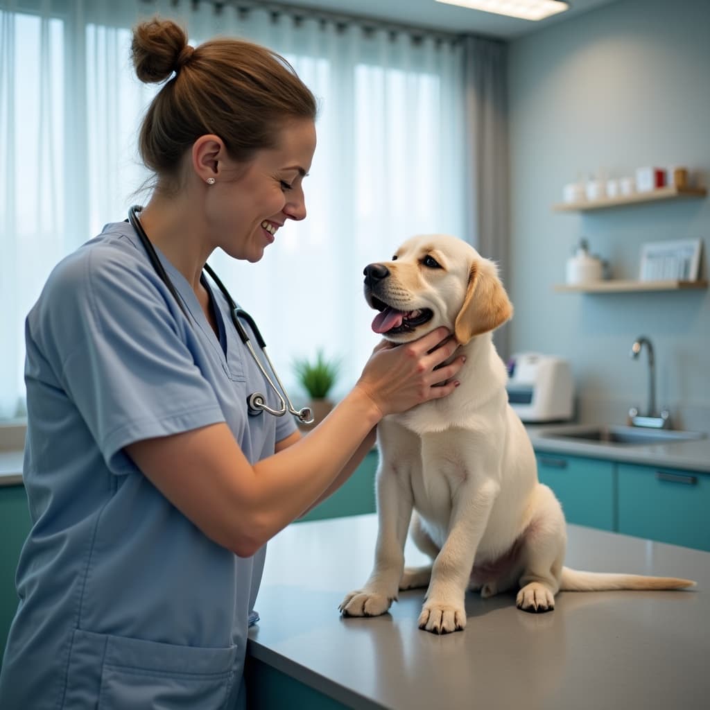 Veterinarian examining a puppy